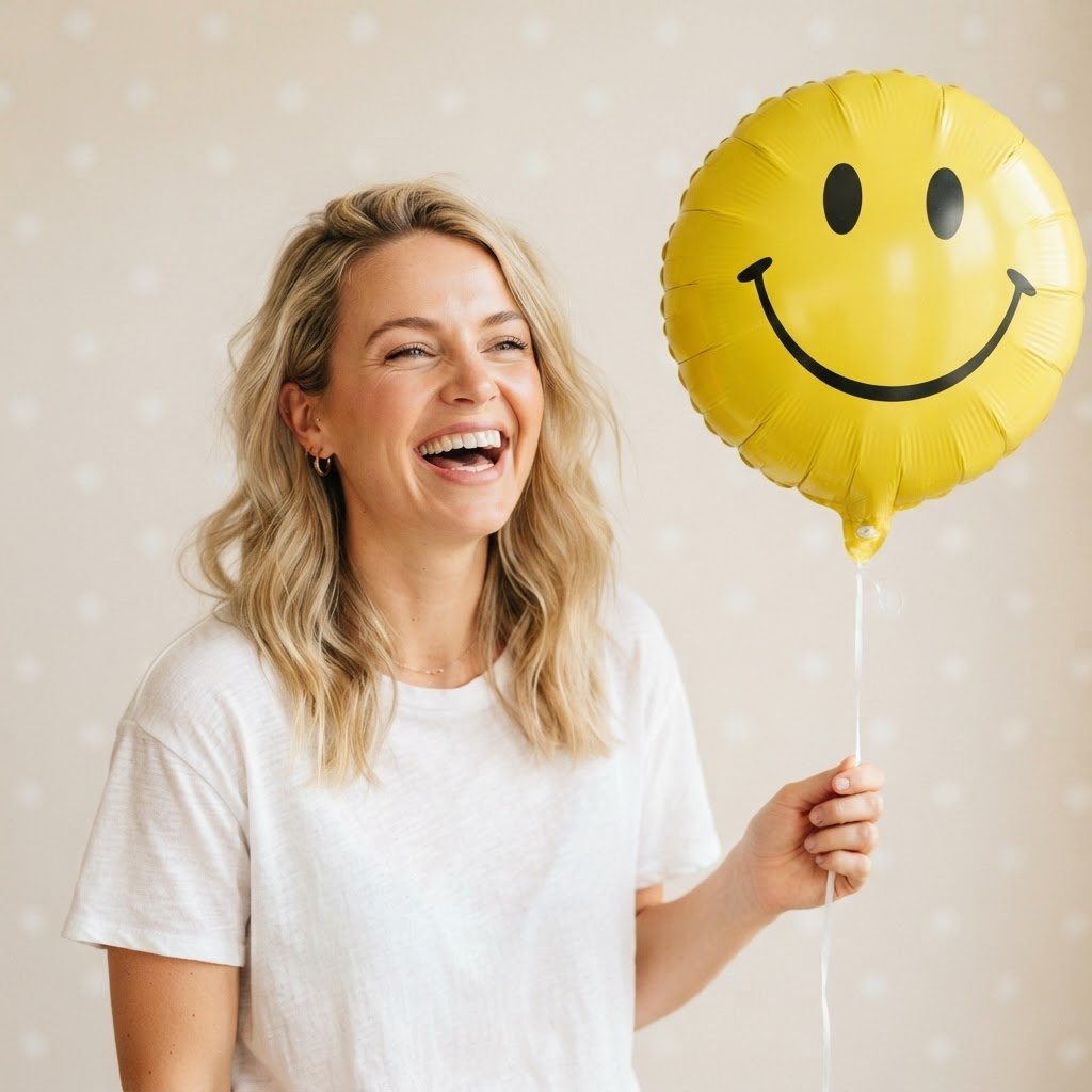 Lächelnde Mitarbeiterin des City Point Bochum mit Smiley-Ballon